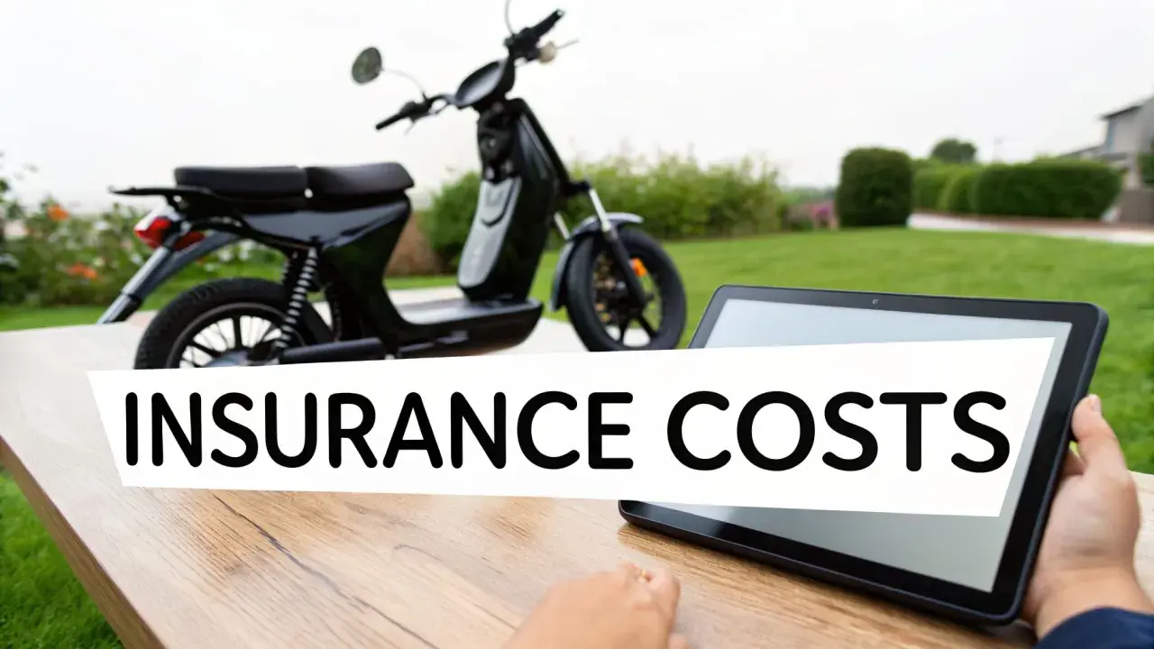 Czarny skuter elektryczny na tle zieleni. Na tablecie napis "INSURANCE COSTS". Sprawdź ubezpieczenie skutera elektrycznego.