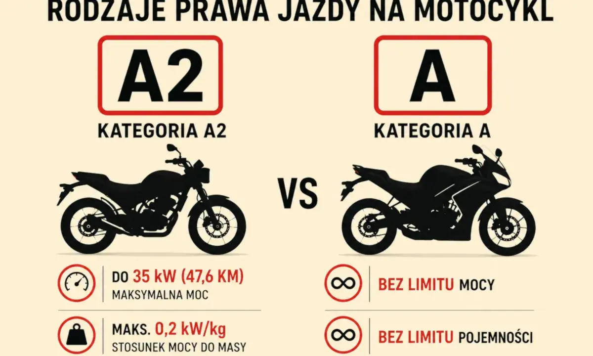 Jakie prawo jazdy na motor 1000cc? Kategoria A pozwala na jazdę bez limitu mocy i pojemności, w przeciwieństwie do A2 (do 35 kW).