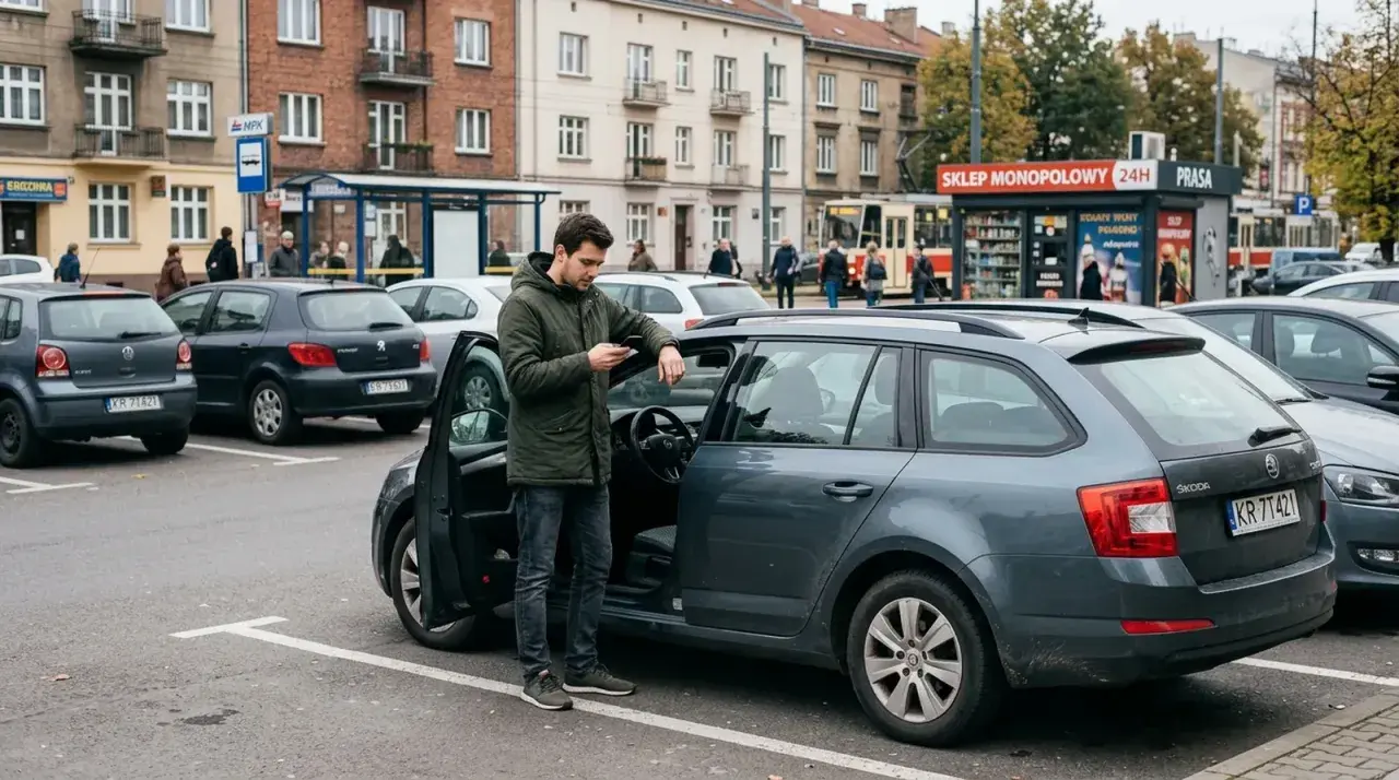 Mężczyzna przy samochodzie sprawdza telefon. UFG identyfikacja OC jest ważna dla każdego kierowcy.