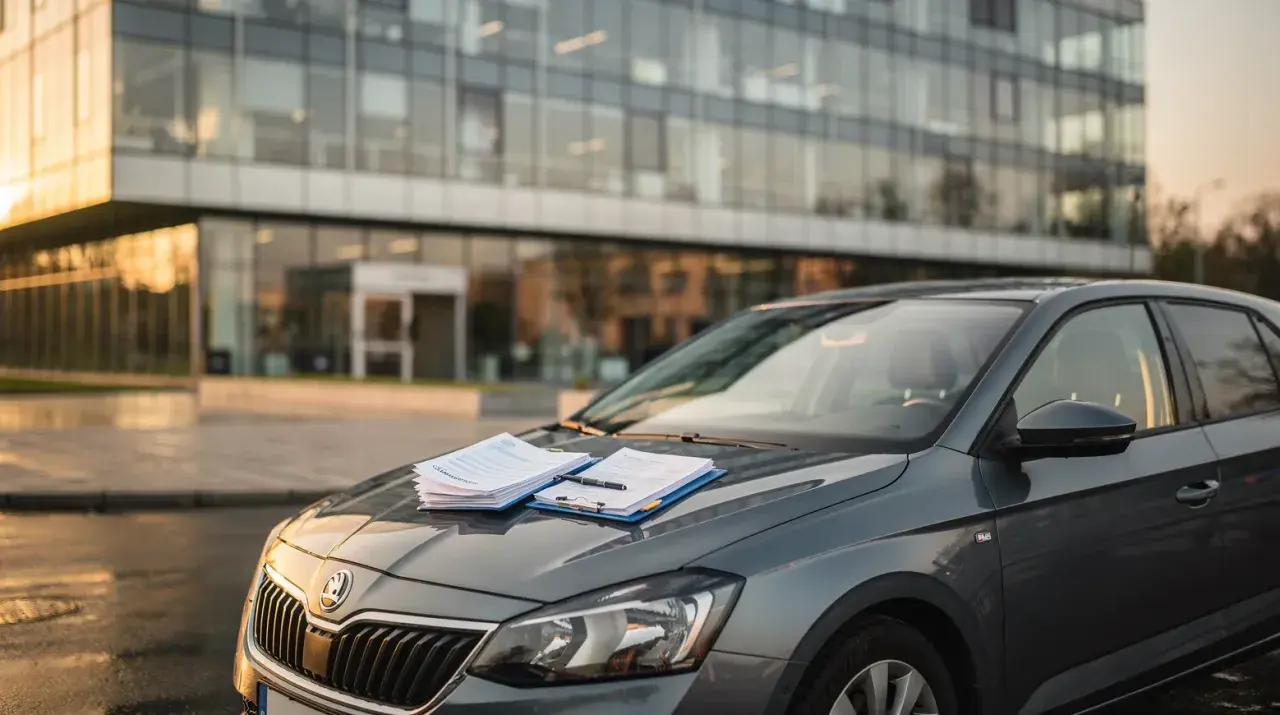 Szara Skoda na tle nowoczesnego biurowca. Na masce leżą dokumenty i długopis, gotowe do podpisania umowy OC na 30 dni.