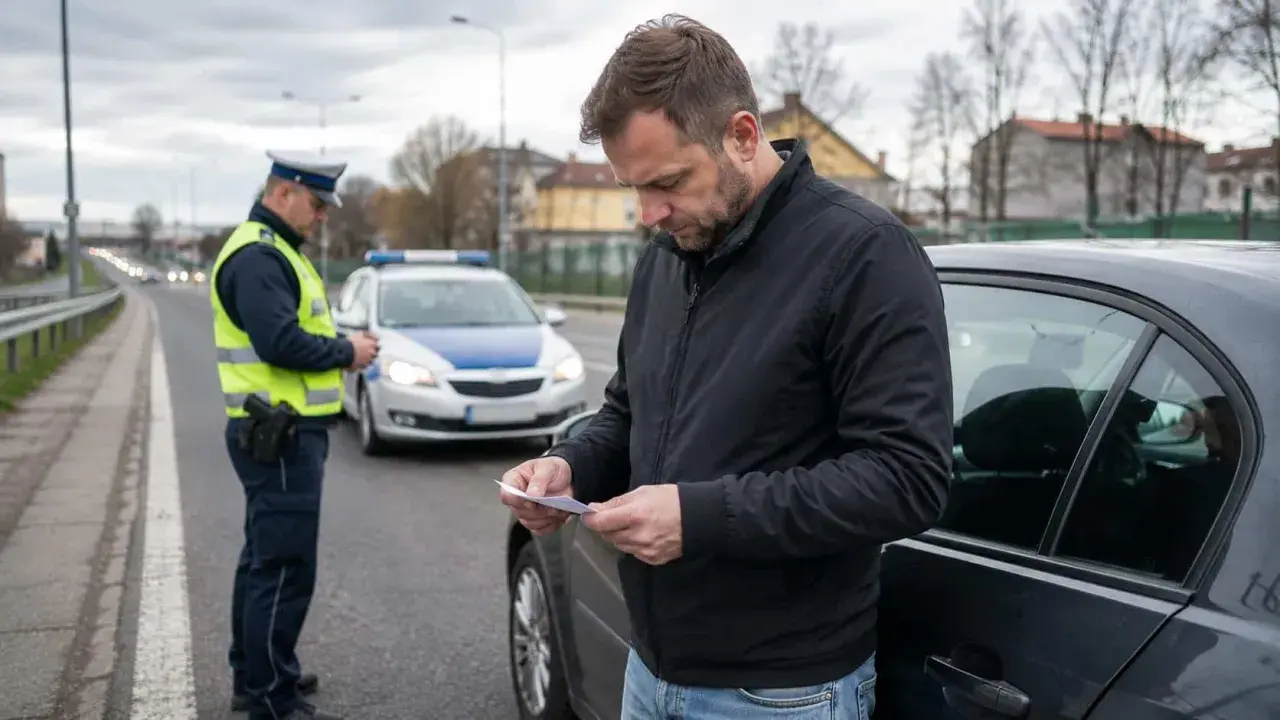 Mężczyzna czyta dokument, gdy policjant stoi obok radiowozu. Może to być związane z tym, jak odzyskać prawo jazdy zabrane na 3 miesiące.