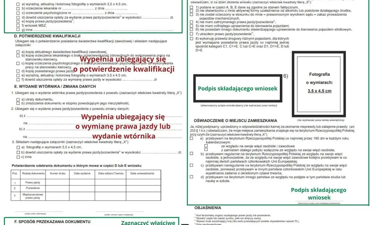 Formularz wniosku o wydanie prawa jazdy lub jego wtórnika, zawierający dane osobowe i oświadczenia kandydata na kierowcę.