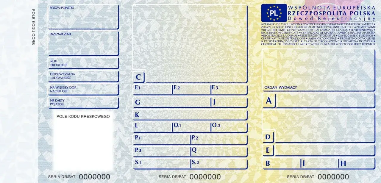 Dowód rejestracyjny pojazdu z polem na moc silnika.