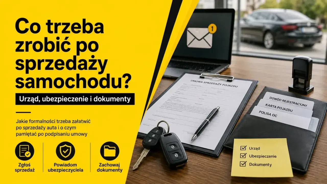 Formalności po sprzedaży samochodu: zgłoszenie sprzedaży, powiadomienie ubezpieczyciela i zachowanie dokumentów. Na biurku umowa, kluczyki, pieczątka i teczka z dokumentami.