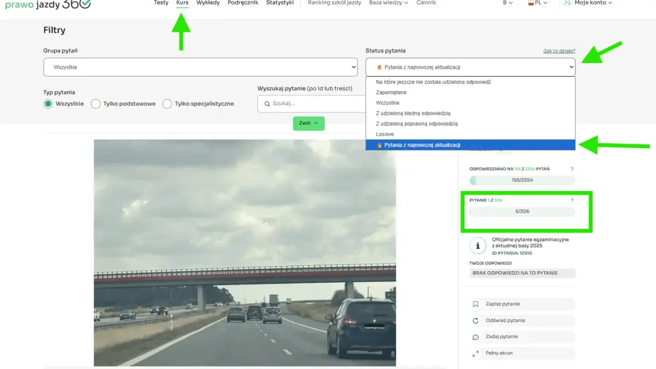 Na stronie prawo jazdy 360 widać, ile jest pytań na prawo jazdy. Wybrano filtr "Pytania z najnowszej aktualizacji", pokazujący 5 z 306 pytań.