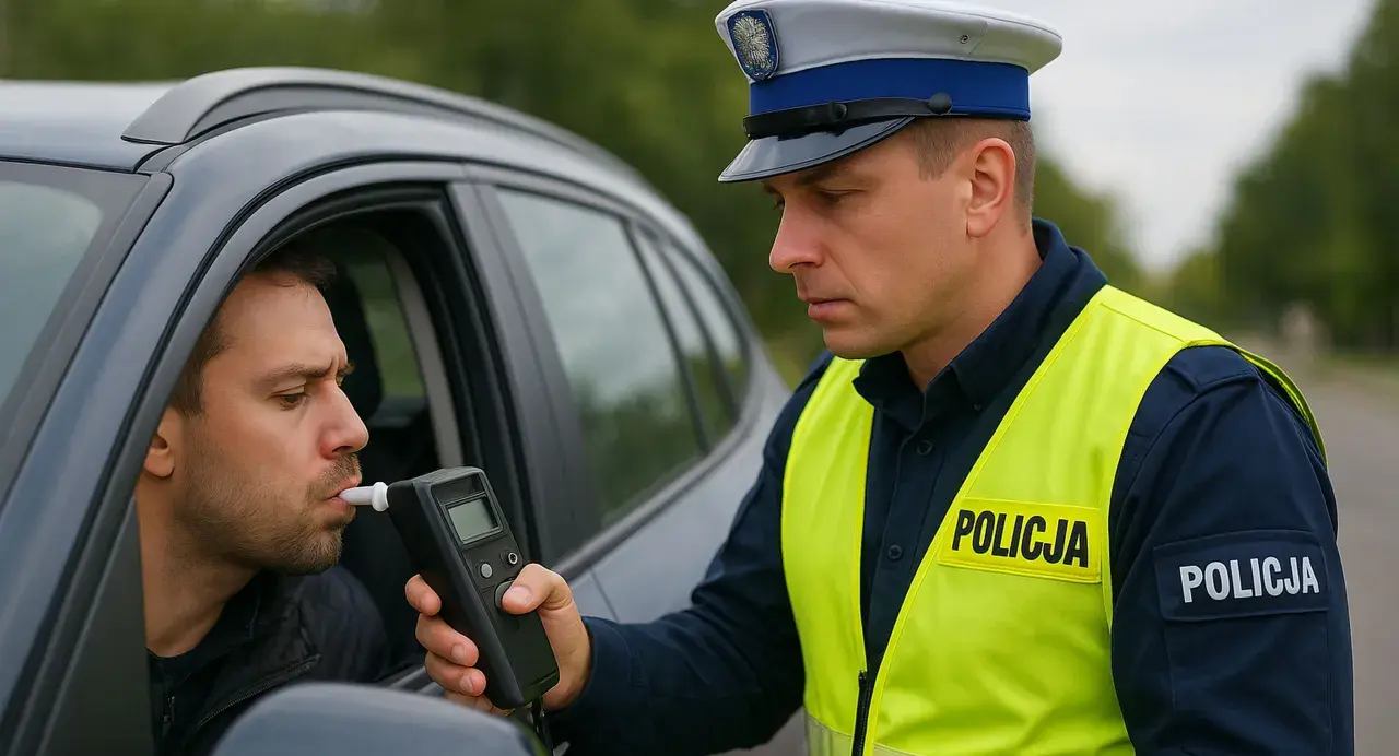 Policjant bada trzeźwość kierowcy alkomatem. Powyżej 0,5 promila jaka kara grozi za jazdę pod wpływem alkoholu.