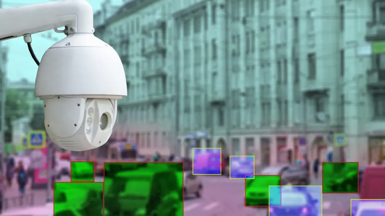 Kamera monitoringu miejskiego rejestruje ruch uliczny. Kolorowe ramki wskazują wykryte obiekty, potencjalnie do wystawienia mandatu z monitoringu miejskiego.