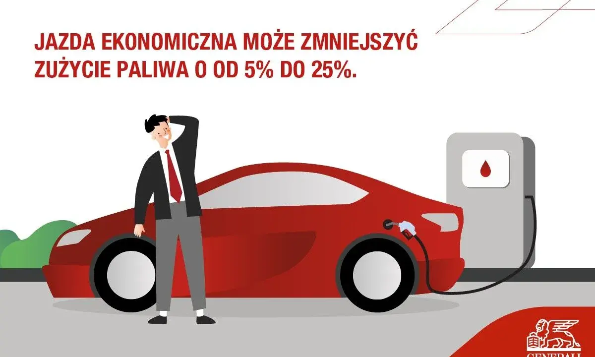 Mężczyzna przy czerwonym samochodzie na stacji paliw. Ekonomiczna jazda samochodem to oszczędność paliwa. Logo Generali.