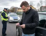 Mężczyzna czyta dokument, gdy policjant stoi obok radiowozu. Może to być związane z tym, jak odzyskać prawo jazdy zabrane na 3 miesiące.