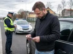 Mężczyzna czyta dokument, gdy policjant stoi obok radiowozu. Może to być związane z tym, jak odzyskać prawo jazdy zabrane na 3 miesiące.