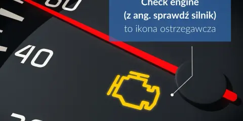 Na desce rozdzielczej świeci się żółta kontrolka "check engine", informując o konieczności sprawdzenia silnika w samochodzie.