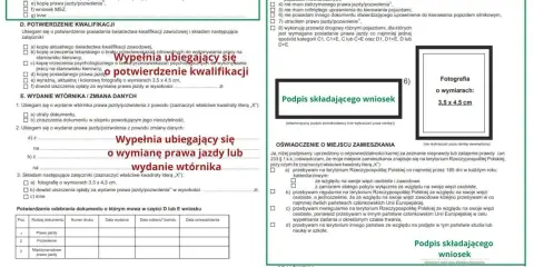 Formularz wniosku o wydanie prawa jazdy lub jego wtórnika, zawierający dane osobowe i oświadczenia kandydata na kierowcę.