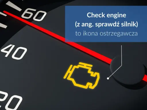 Na desce rozdzielczej świeci się żółta kontrolka "check engine", informując o konieczności sprawdzenia silnika w samochodzie.