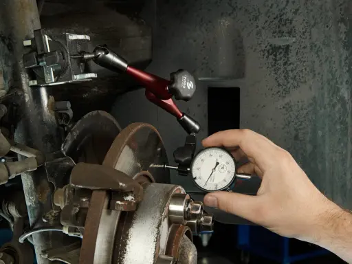 Mechanik mierzy bicie tarczy hamulcowej, by zdiagnozować drgania kierownicy przy hamowaniu.