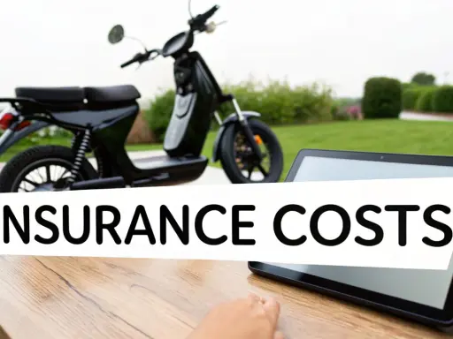 Czarny skuter elektryczny na tle zieleni. Na tablecie napis "INSURANCE COSTS". Sprawdź ubezpieczenie skutera elektrycznego.