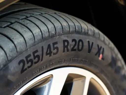 Opona z oznaczeniem 255/45 R20 V XL. Widoczne detale bieżnika i felgi.