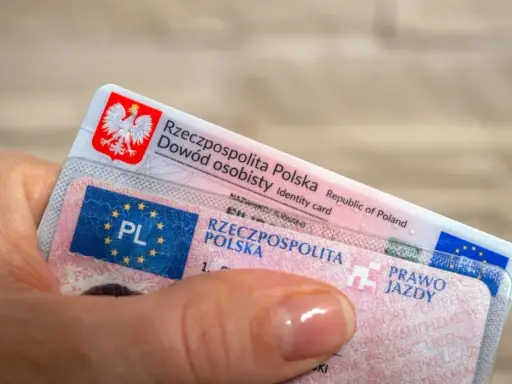 Dłoń trzyma polski dowód osobisty i prawo jazdy. Dokumenty te mogą być przydatne, gdy planujesz podróż do USA i chcesz mieć pewność, że Twoje polskie prawo jazdy jest uznawane.