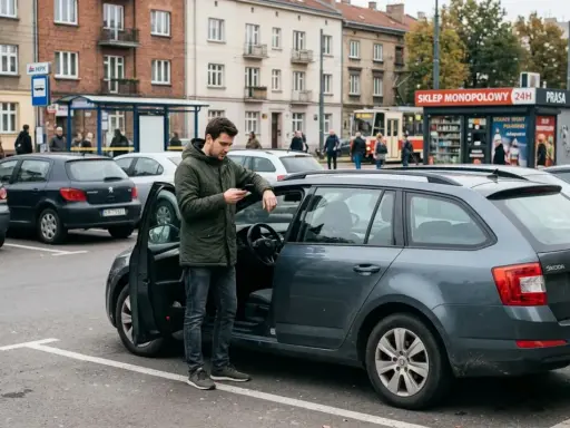 Mężczyzna przy samochodzie sprawdza telefon. UFG identyfikacja OC jest ważna dla każdego kierowcy.