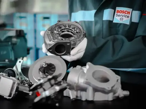 Mechanik w rękawiczkach prezentuje części do regeneracji turbo. W tle logo Bosch Service.