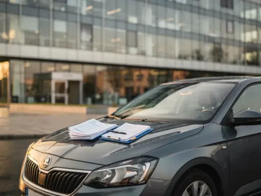 Szara Skoda na tle nowoczesnego biurowca. Na masce leżą dokumenty i długopis, gotowe do podpisania umowy OC na 30 dni.