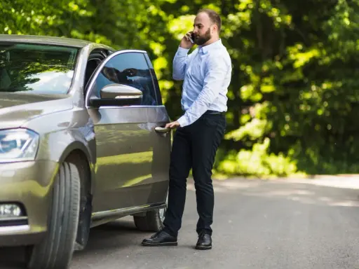 Mężczyzna rozmawia przez telefon, stojąc przy otwartych drzwiach swojego samochodu. Wygląda, jakby potrzebował pomocy, a nie jakby zostawił porzucone samochody.