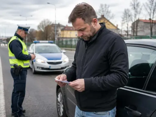 Mężczyzna czyta dokument, gdy policjant stoi obok radiowozu. Może to być związane z tym, jak odzyskać prawo jazdy zabrane na 3 miesiące.