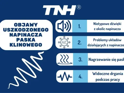 Objawy uszkodzonego napinacza paska klinowego: nietypowe dźwięki, problemy z układami, nagrzewanie się paska, drgania. Wymiana paska klinowego może być konieczna.