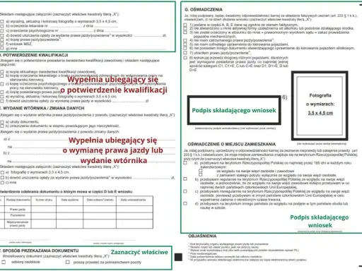 Formularz wniosku o wydanie prawa jazdy lub jego wtórnika, zawierający dane osobowe i oświadczenia kandydata na kierowcę.