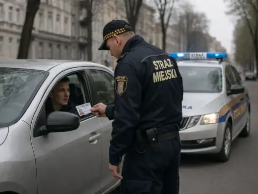 Strażnik miejski kontroluje dokumenty kierowcy. Czy straż miejska może zatrzymać pojazd? Tak, w określonych sytuacjach.