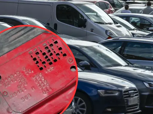 Tabliczka znamionowa z numerem VIN to klucz do tego, jak sprawdzić samochód z Niemiec. W tle widać rząd aut.