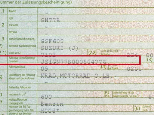 Numer VIN pojazdu Suzuki GSF600, czyli kfz brief nr gdzie jest, to JSIGN77B000504776.