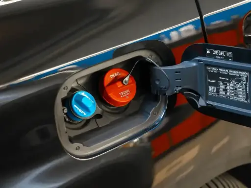 Po dolaniu AdBlue kontrolka nie gaśnie. Widoczne są korki wlewu paliwa: niebieski AdBlue i pomarańczowy Diesel.