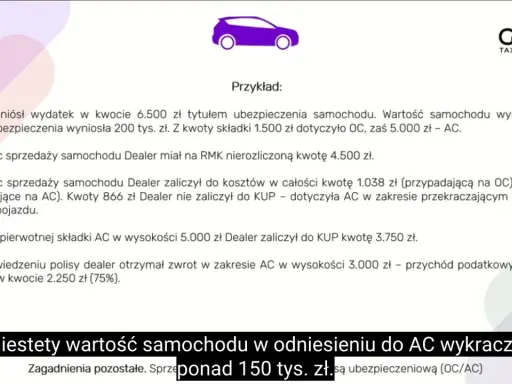 Przykład sprzedaży samochodu a ubezpieczenie: dealer poniósł koszt 6.500 zł na ubezpieczenie, z czego 5.000 zł to AC.