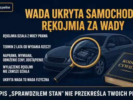 Wada ukryta samochodu. Rękojmia za wady działa z mocy prawa przez 2 lata. Naprawa, wymiana, obniżenie ceny lub odstąpienie od umowy.