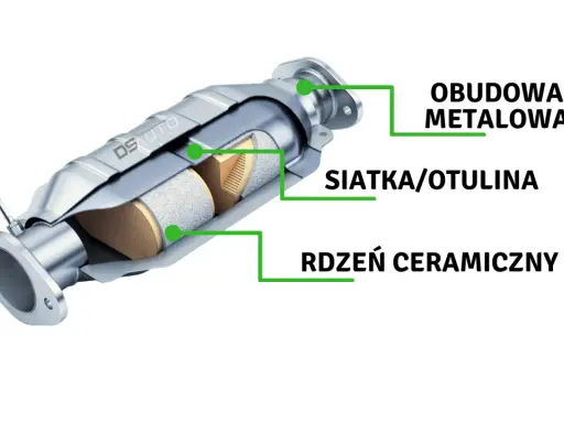 Przekrój katalizatora: metalowa obudowa, siatka/otulina i rdzeń ceramiczny. Z czego jest katalizator? Z tych właśnie elementów.