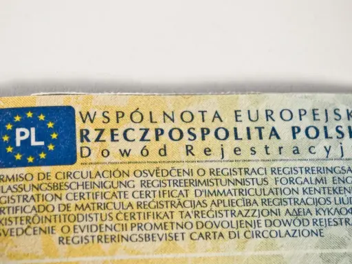 Fragment dowodu rejestracyjnego pojazdu z oznaczeniem PL i tekstem w wielu językach. Widać fragment numeru VIN w dowodzie.