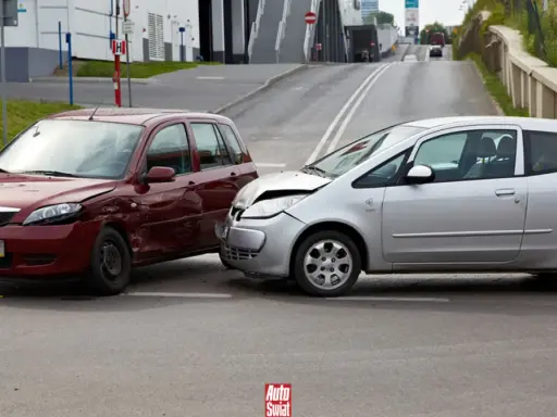 Wypadek samochodowy. Czerwone i srebrne auto po kolizji. Po takim zdarzeniu warto sprawdzić, jak sprawdzić ile mam zniżek na ubezpieczenie.
