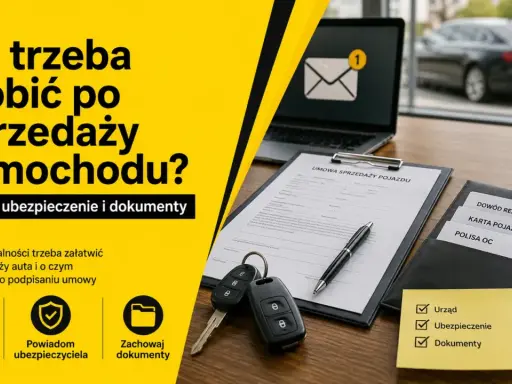 Formalności po sprzedaży samochodu: zgłoszenie sprzedaży, powiadomienie ubezpieczyciela i zachowanie dokumentów. Na biurku umowa, kluczyki, pieczątka i teczka z dokumentami.