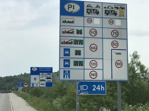 Znaki drogowe w Polsce informują o opłatach i ograniczeniach prędkości na drogach. Widać tu znaki z limitami 50, 70, 80, 90, 100, 120 i 140 km/h.