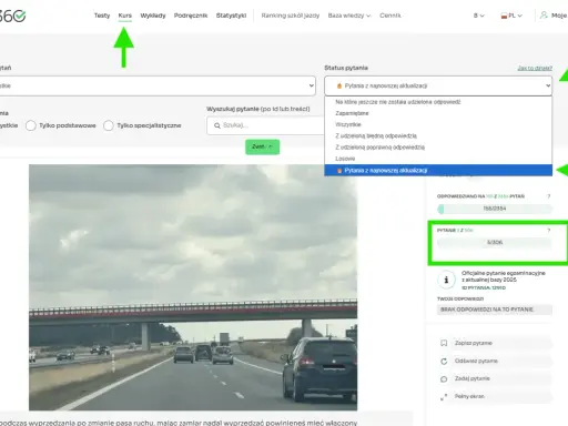 Na stronie prawo jazdy 360 widać, ile jest pytań na prawo jazdy. Wybrano filtr "Pytania z najnowszej aktualizacji", pokazujący 5 z 306 pytań.