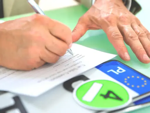 Podpisanie umowy kupna-sprzedaży pojazdu, co jest kluczowe dla uzyskania homologacji. Obok dokumentów leżą tablice rejestracyjne.