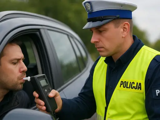 Policjant bada trzeźwość kierowcy alkomatem. Powyżej 0,5 promila jaka kara grozi za jazdę pod wpływem alkoholu.