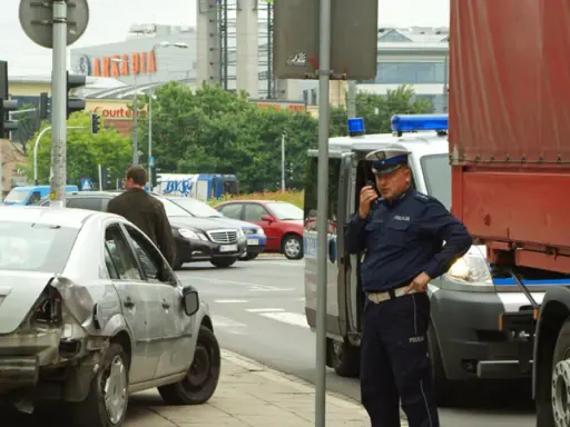 Policjant rozmawia przez radio przy miejscu wypadku. Uszkodzone auto i ciężarówka sugerują, że mogło dojść do zdarzenia związanego z pzu klauzula alkoholowa.