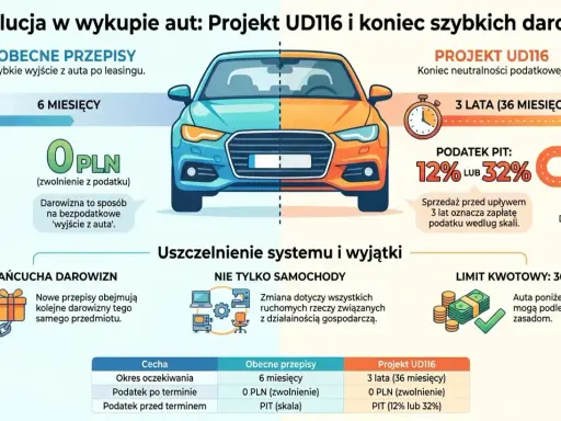 Porównanie przepisów: darowizna samochodu a sprzedaż. Obecnie 6 miesięcy i 0 PLN podatku, projekt UD116 to 3 lata i PIT 12-32%.