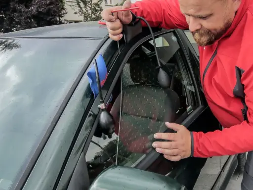 Mężczyzna używa pompki i narzędzia do otwierania drzwi, gdy zatrzasnął kluczyki w samochodzie. Jak otworzyć auto bez kluczyka?