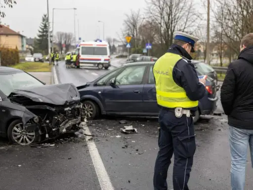 Policjant spisuje sprawcę wypadku. Zniszczone auta i karetka na sygnale świadczą o tym, że doszło do tragedii, być może przez jazdę pod wpływem.