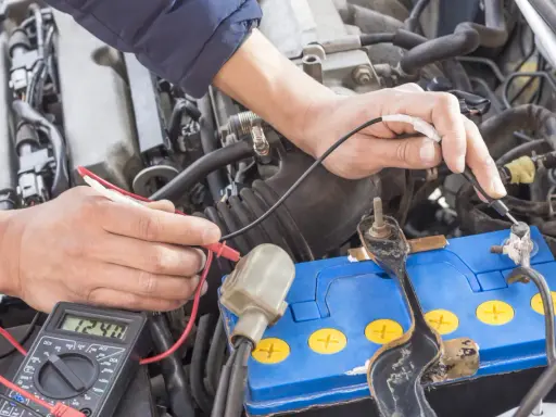 Mechanik sprawdza napięcie akumulatora za pomocą multimetru. Wynik 12.48V wskazuje na jego stan.