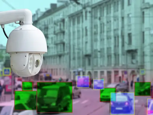 Kamera monitoringu miejskiego rejestruje ruch uliczny. Kolorowe ramki wskazują wykryte obiekty, potencjalnie do wystawienia mandatu z monitoringu miejskiego.