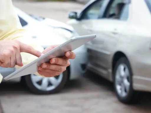 Mężczyzna z tabletem w rękach, obok dwa samochody. Sprawdza ubezpieczenie samochodu firmowego po kolizji.