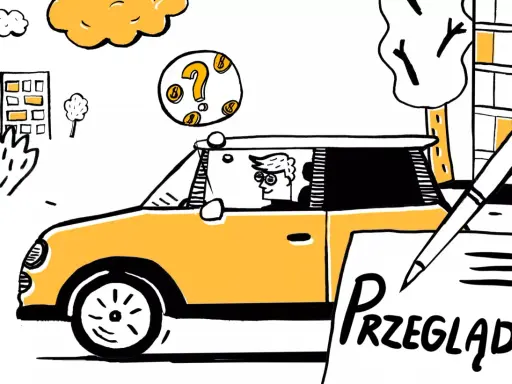 Przegląd techniczny samochodu: kierowca z okularami w żółtym aucie, nad nim znak zapytania z monetami, obok dokument z napisem "Przegląd".